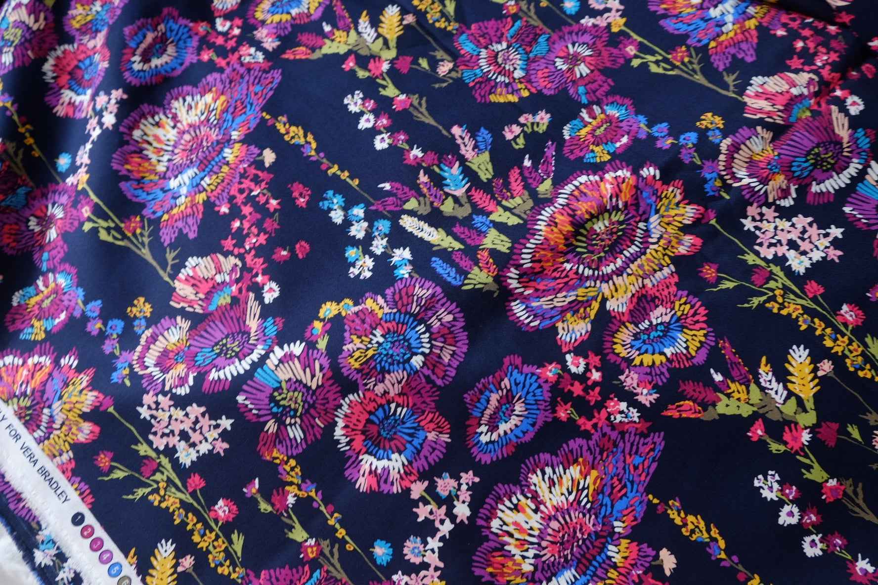 Navy Embroidered Floral Designer Deadstock Cotton Fabric - 1.64 Yards