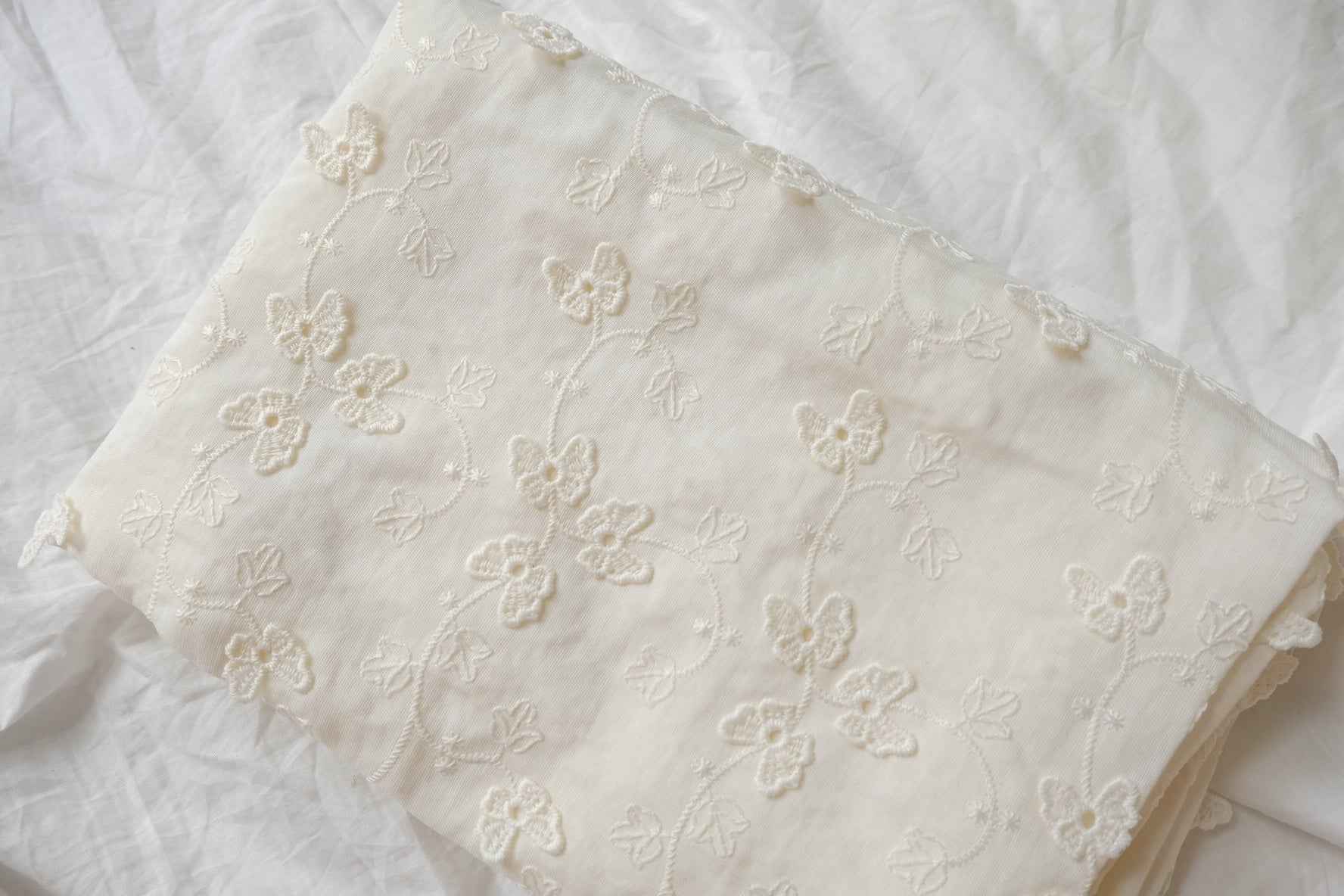 Ivory Floating Floral Embroidered Tencel Cotton Fabric, Romantic Semi-Sheer Dress Weight, 2.19 Yards