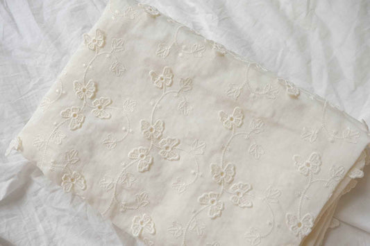Ivory Floating Floral Embroidered Tencel Cotton Fabric, Romantic Semi-Sheer Dress Weight, 2.19 Yards