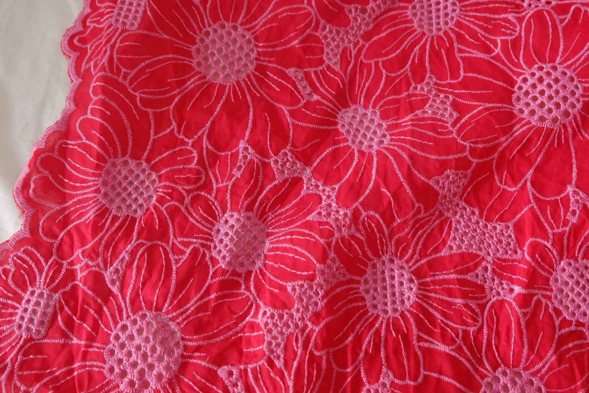 Red Floral Double-Border Embroidered Cotton — 1.75 yd