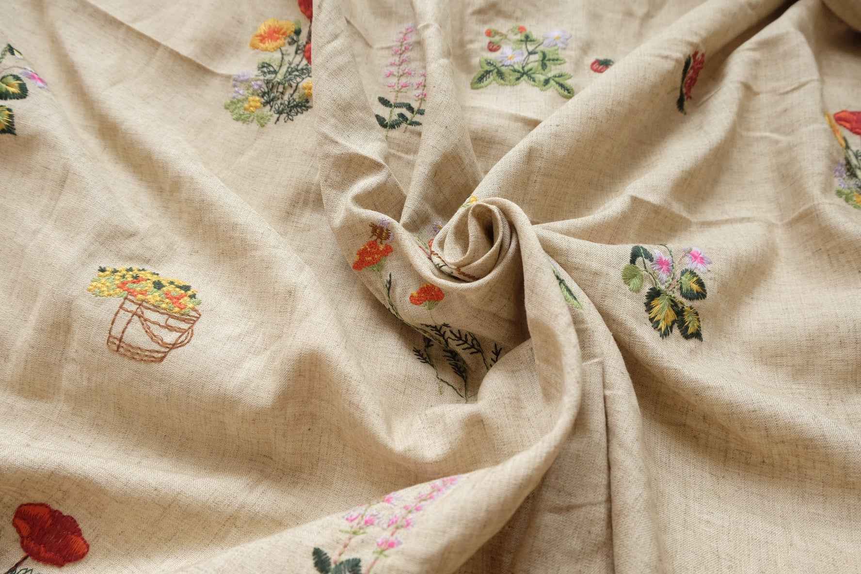 Embroidered Linen Rayon Blend Fabric, Pastoral Wildflower Motifs , 1.64 Yards