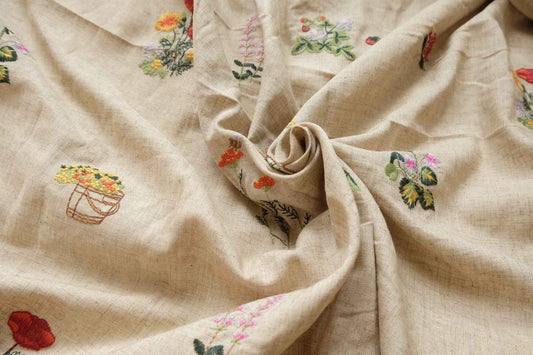 Embroidered Linen Rayon Blend Fabric, Pastoral Wildflower Motifs , 1.64 Yards