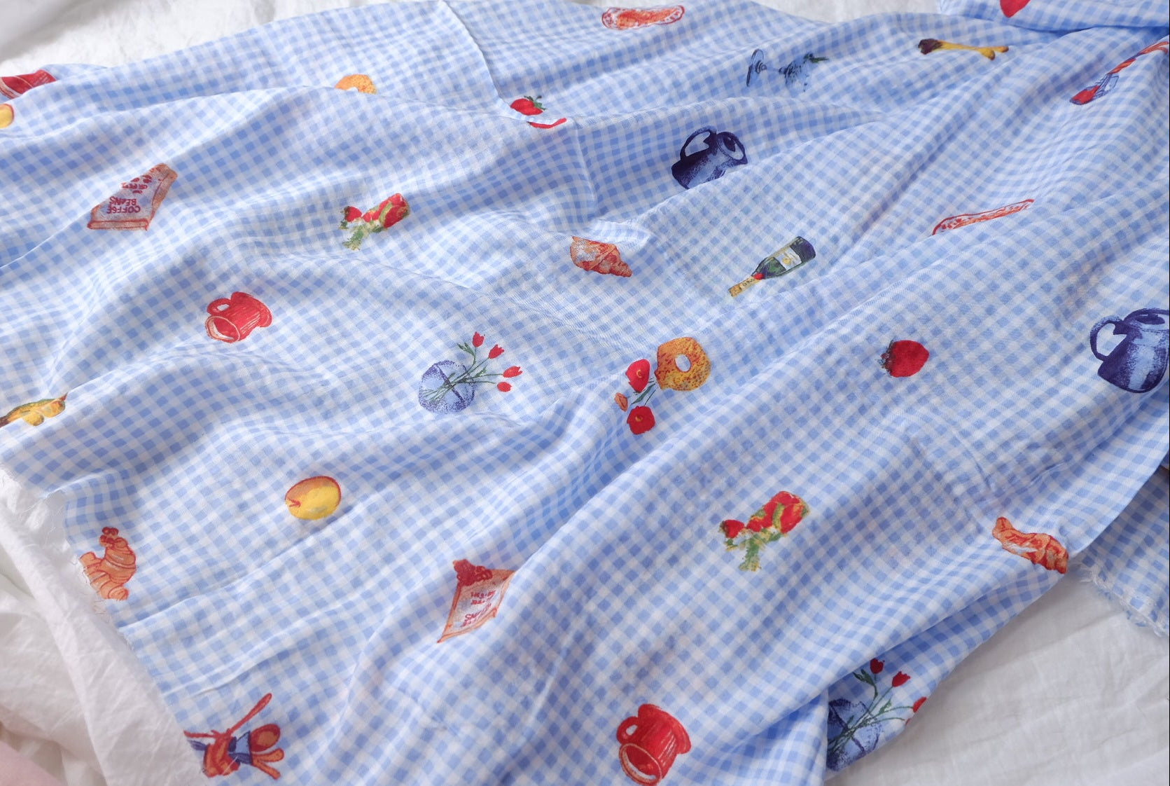 Blue Gingham Picnic Print Lightweight Cotton Fabric — 2.19 yd
