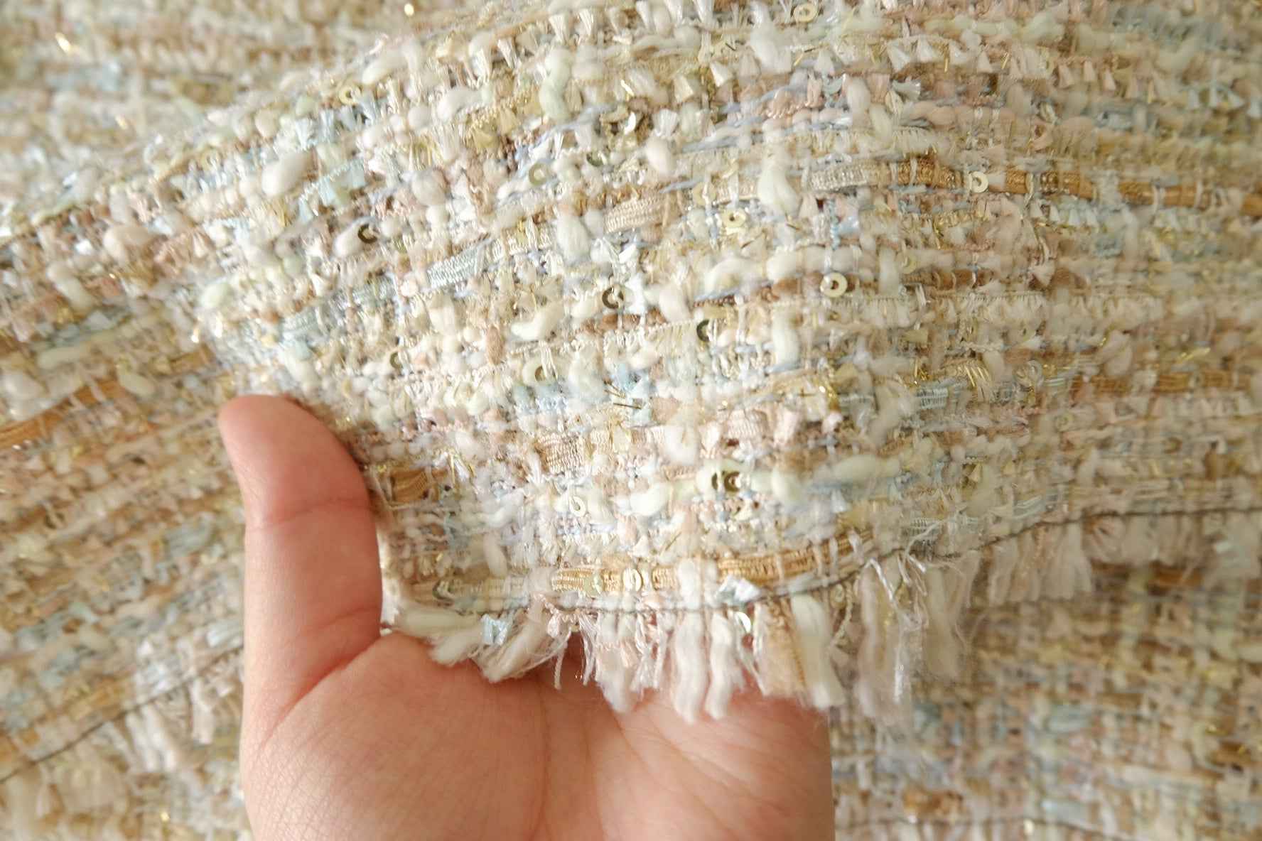 Bouclé Tweed Fabric – Soft Cream Textured Metallic Blend – 2.2 yd