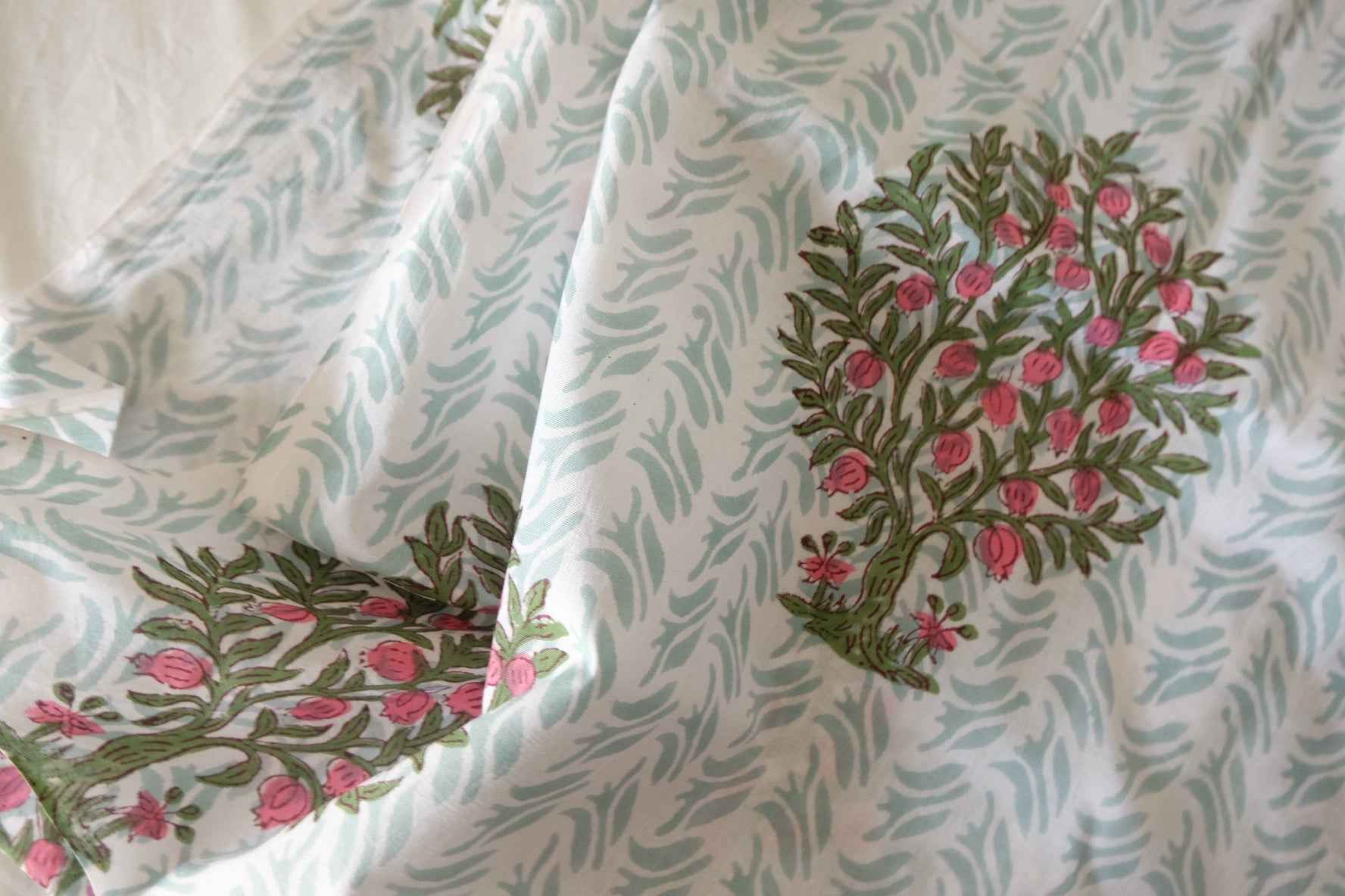 Indian Hand Block Printed Cotton Fabric – Mint Botanical Garden Pattern – Sold by the Meter