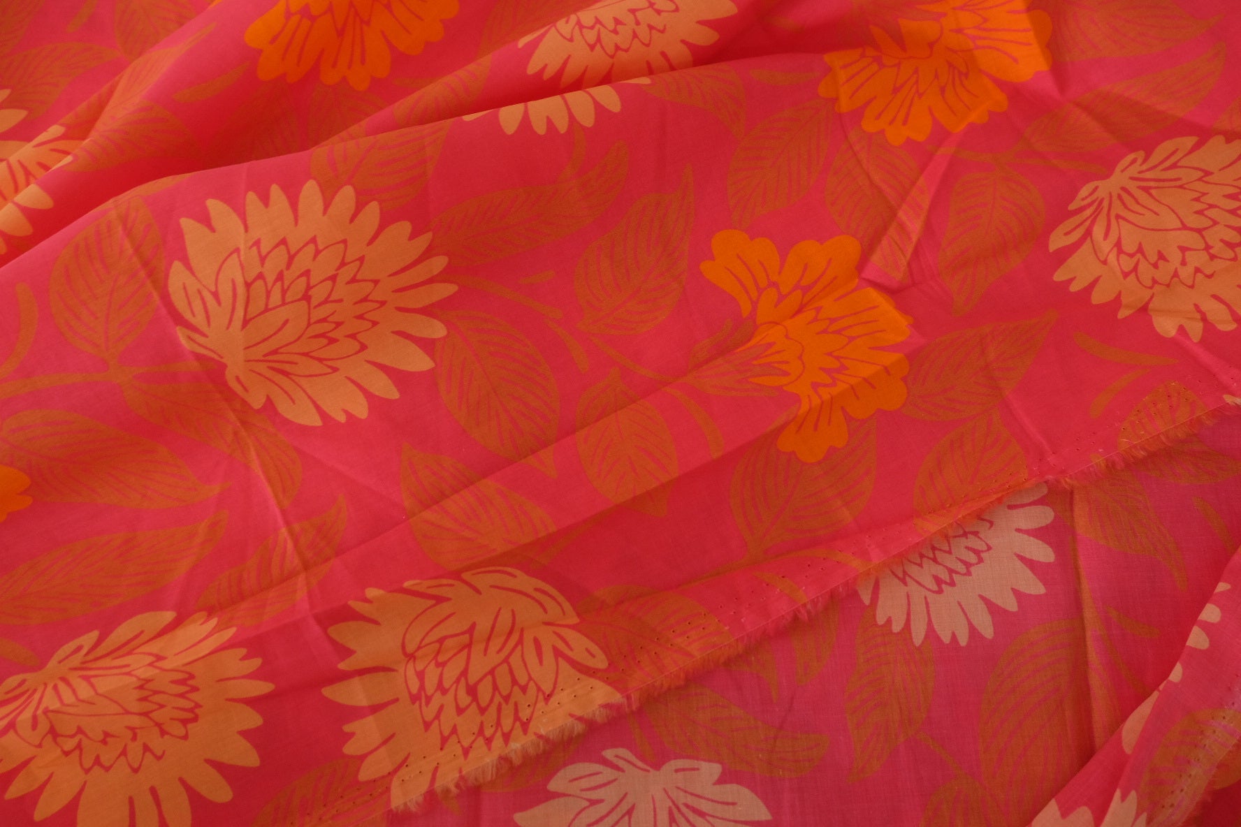 Hot Pink Orange Floral Lightweight Cotton Fabric - 2.1 yd