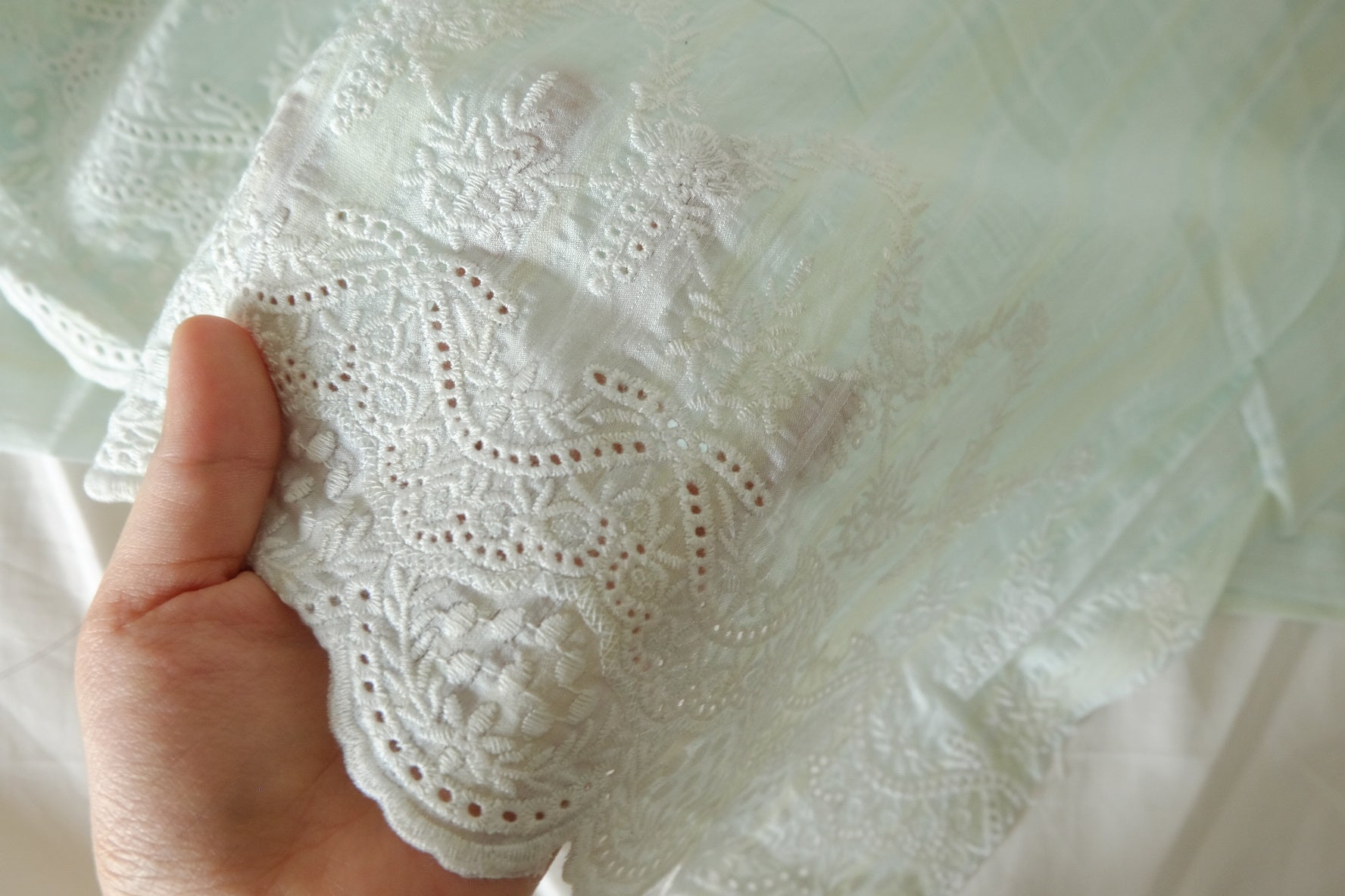 Mint Textured Cotton Blend with Double Embroidered Borders – 2.19 yd