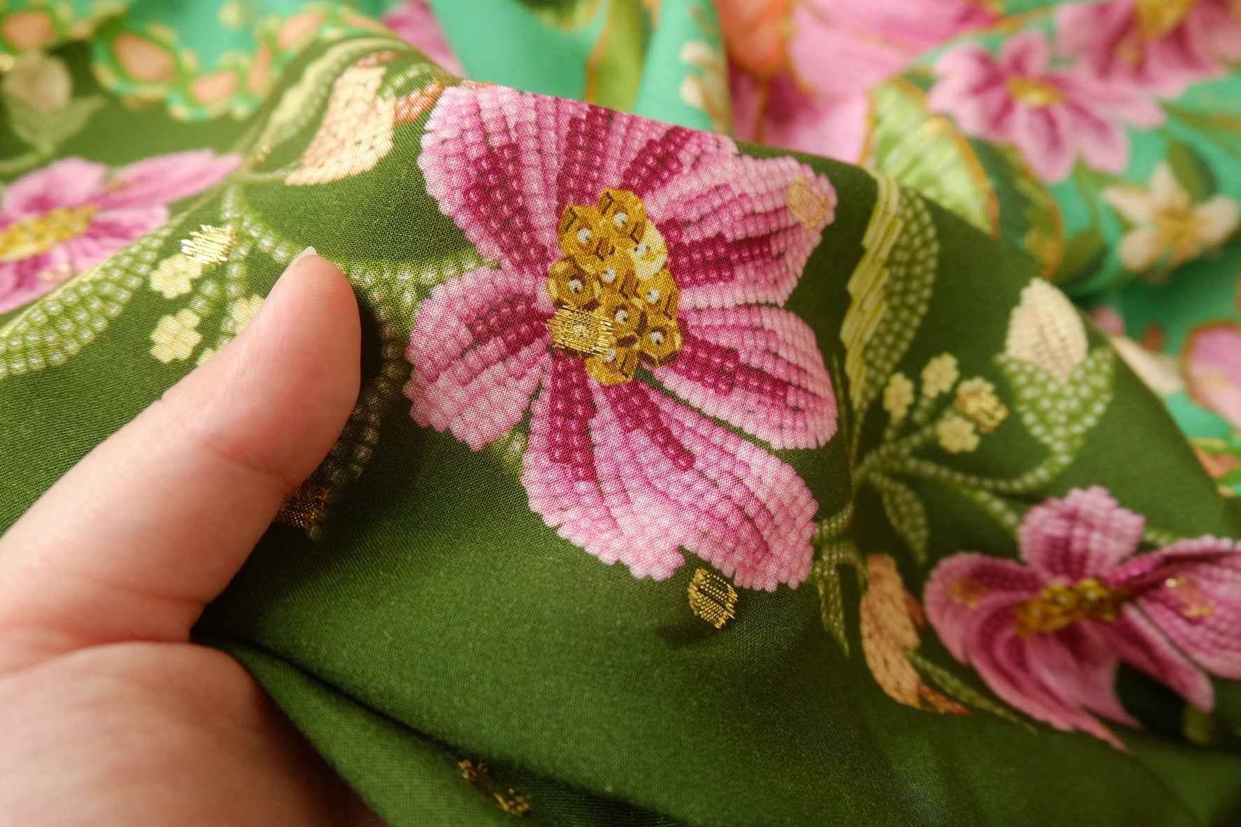 Metallic-Dotted Rayon Floral Panel Fabric - 1.75 yd