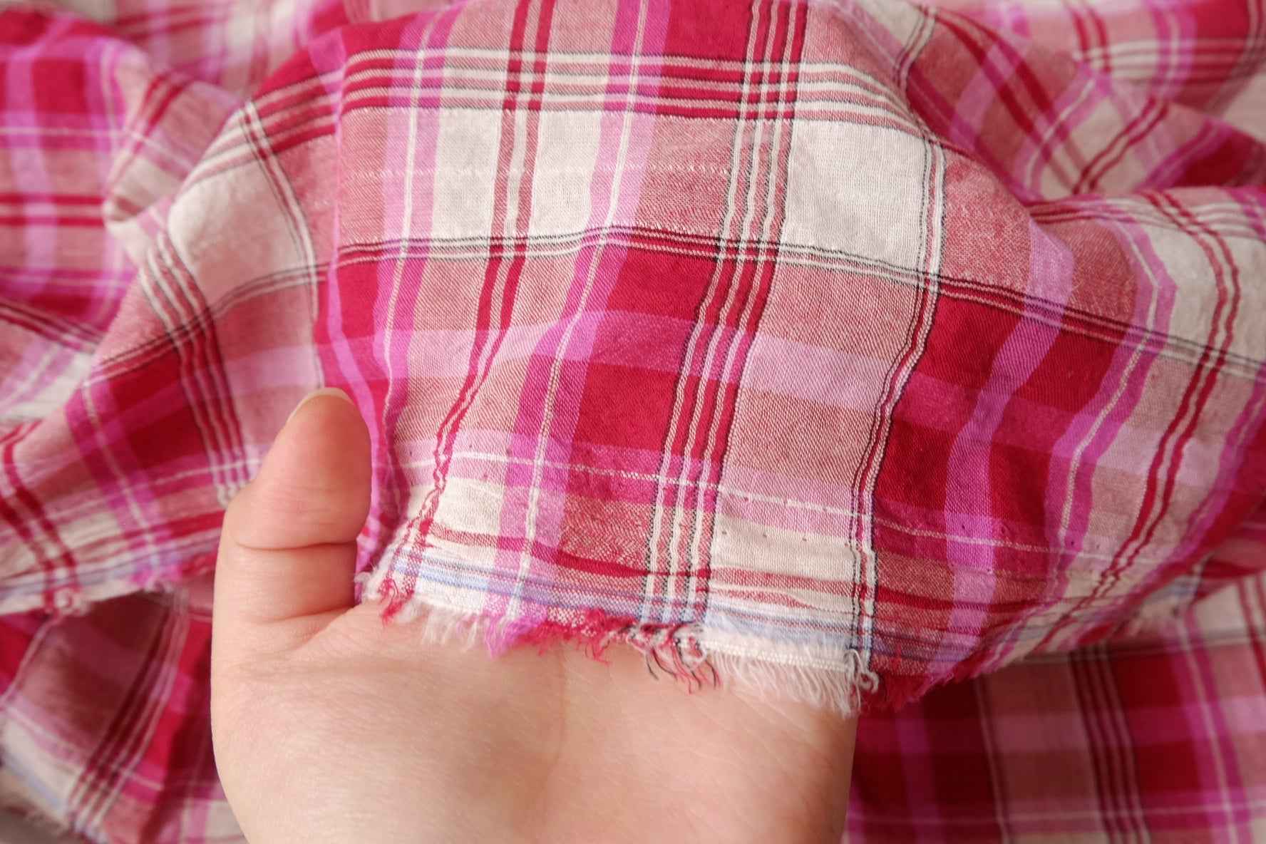 Strawberry Jam Pink Plaid Cotton Fabric, Soft Crisp Shirting Weight, 2.19 Yards