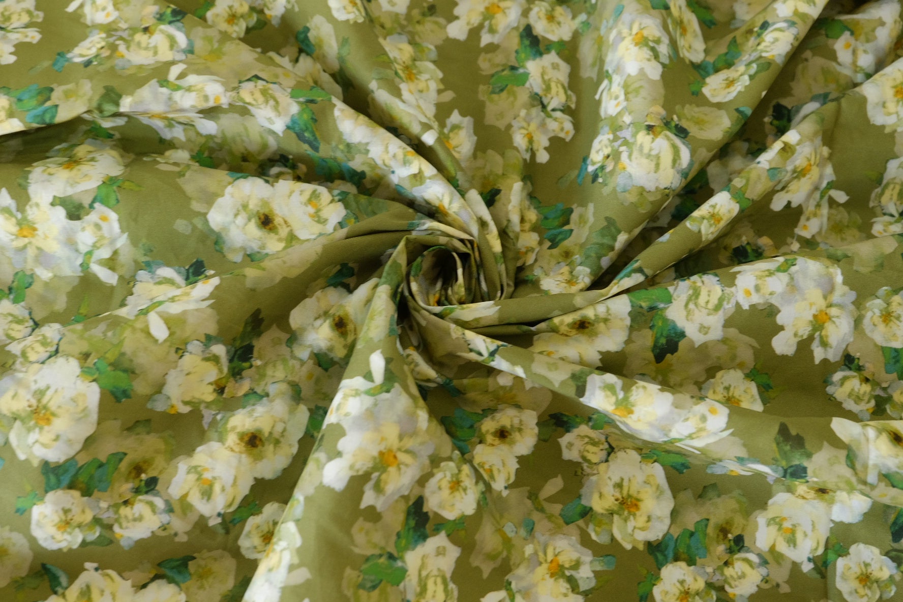 Soft Green Watercolor Floral Cotton Lawn Fabric – Ivory Blossom Print (1.1 yd Cut)