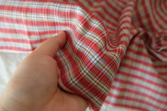 Heavy Red Plaid Linen Cotton Fabric - 1.6 yd