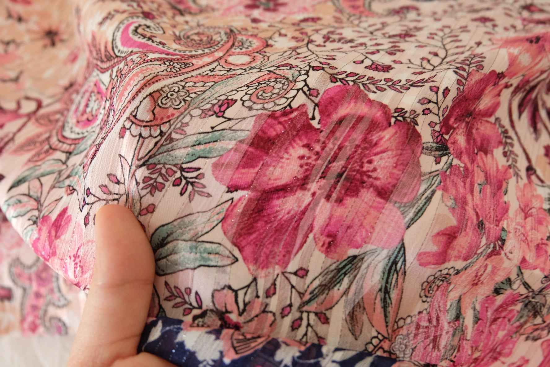 Floral Paisley Silver Lurex Chiffon Fabric – Pink Boho Print – 2.7 yd Cut