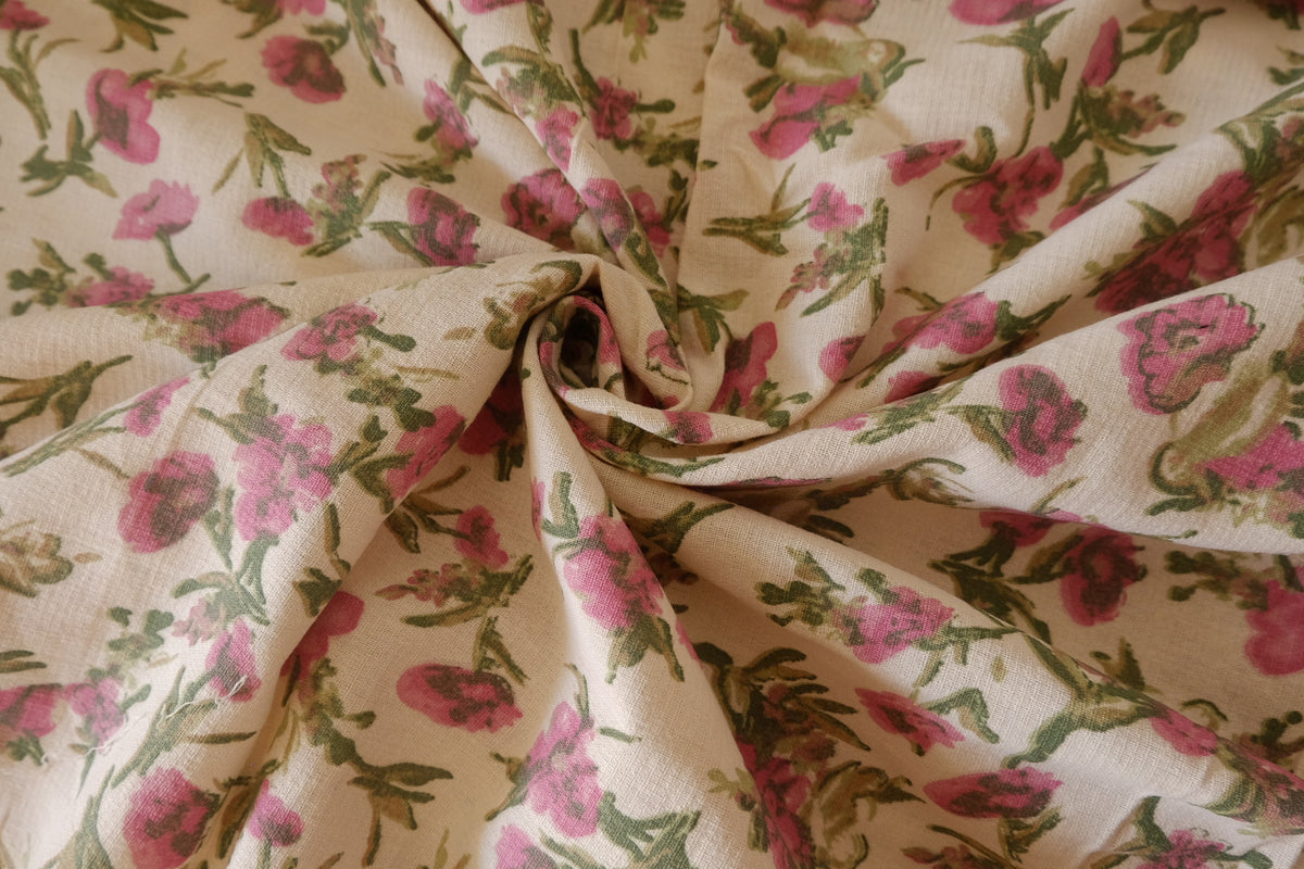 Vintage Pink Wildflowers – Cotton Linen Gauze Fabric | 2.3 Yards