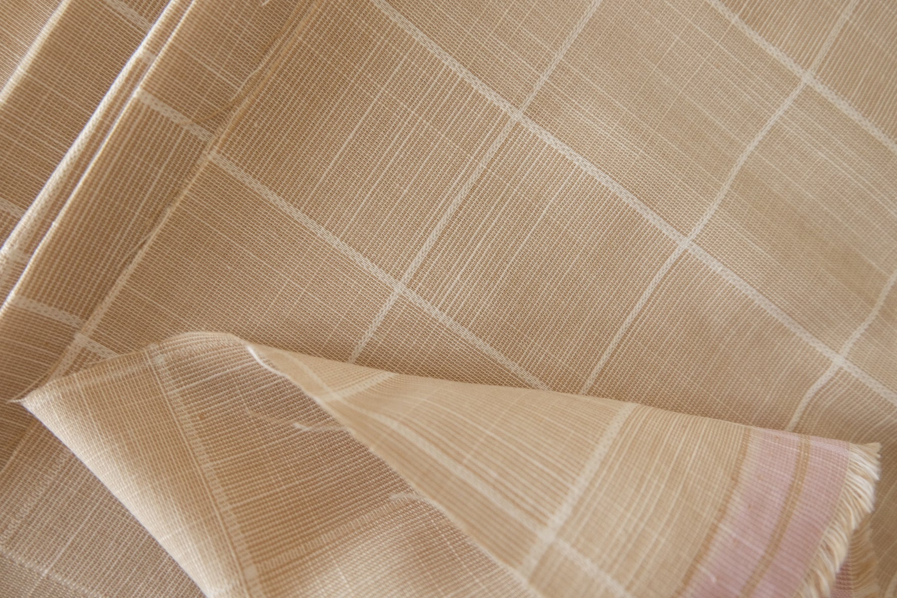 Yarn-Dyed Beige Check Linen Cotton Fabric - 1.6 yd
