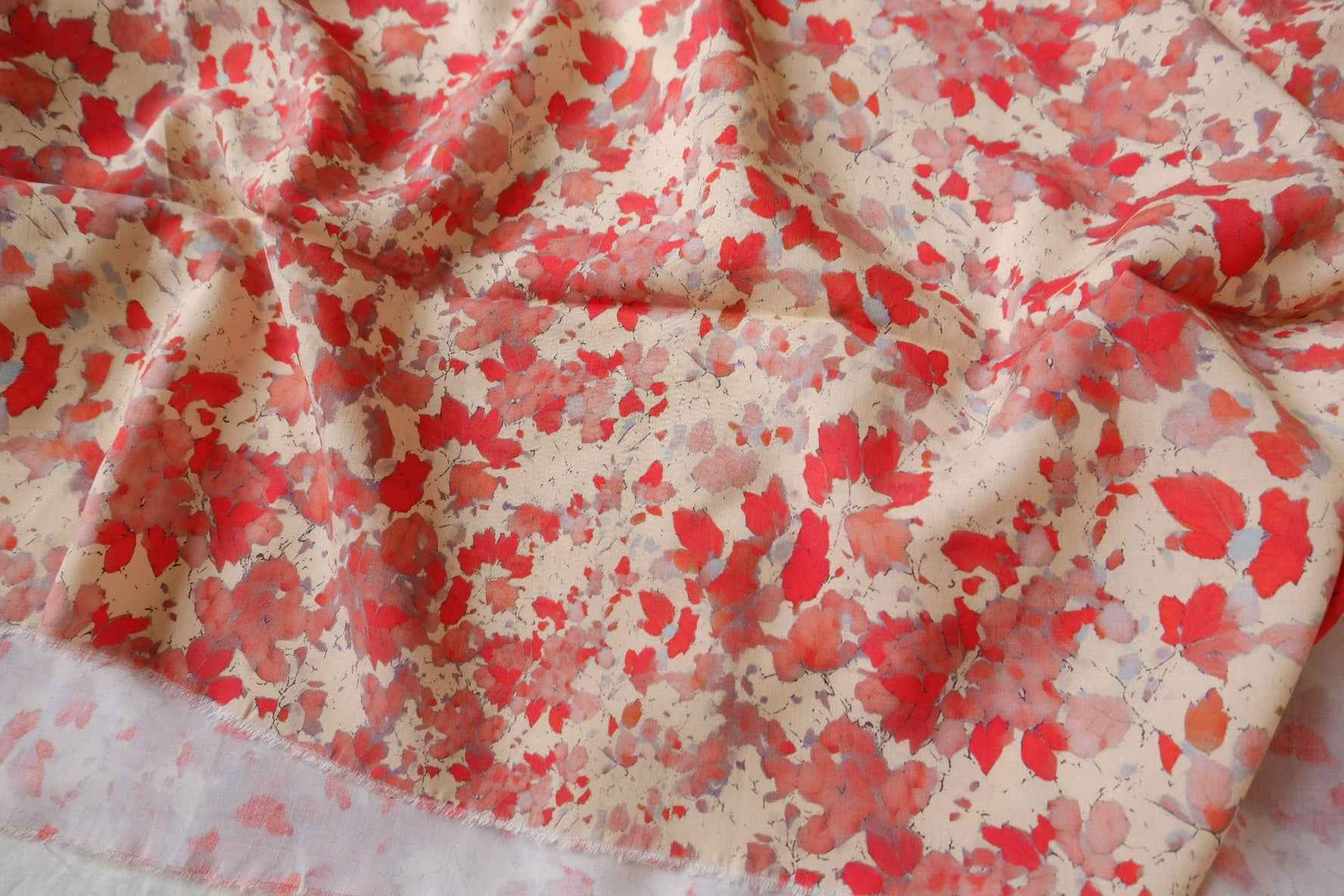 Red Abstract Leaf Rayon Challis Fabric - 3.28 yd