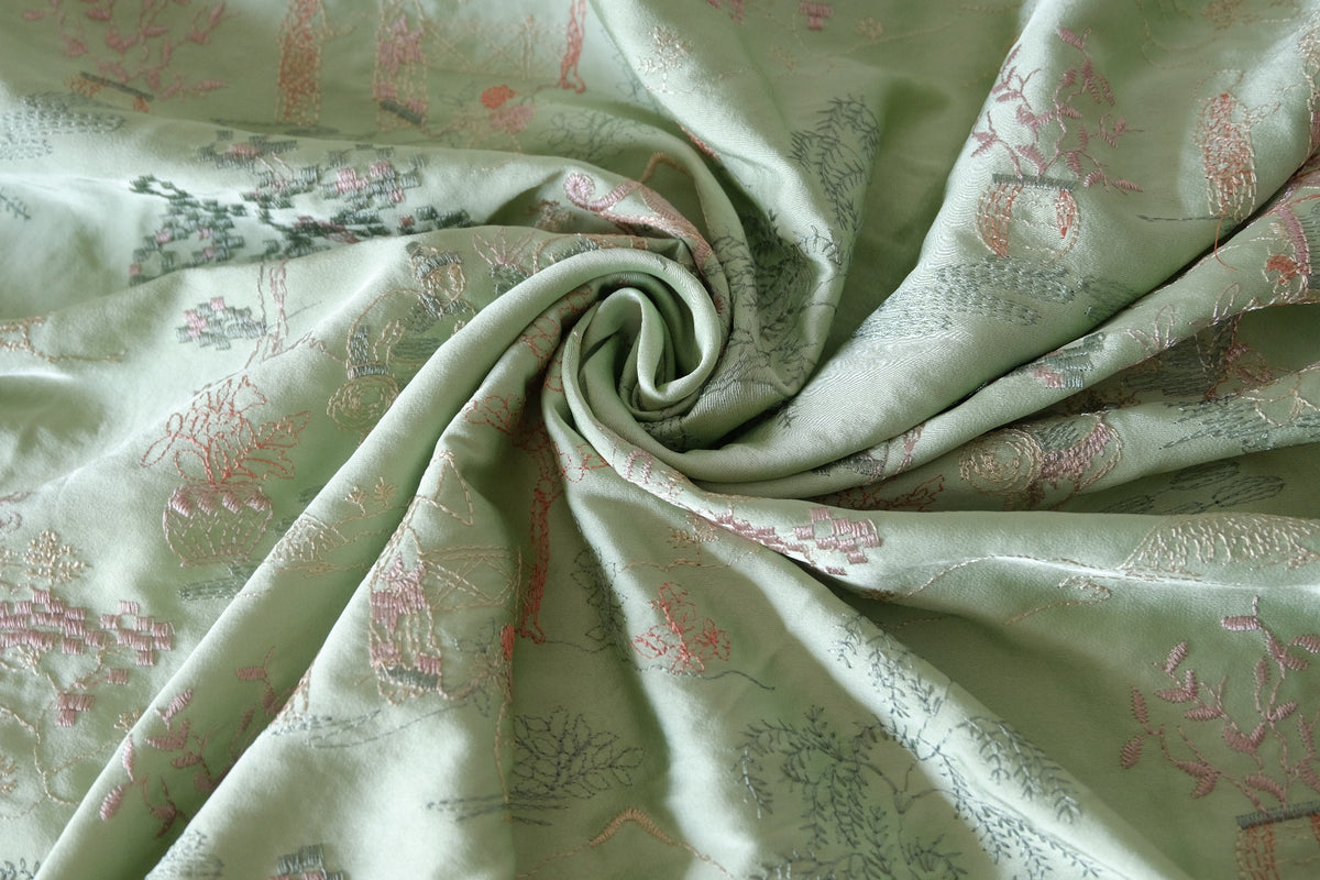 Sage Green Oriental Garden Embroidered Satin – 2.19 yd