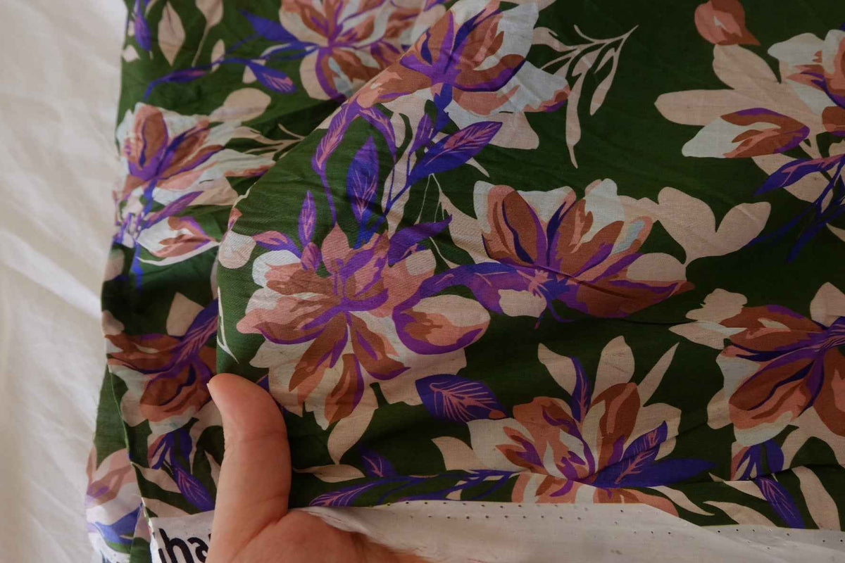 Forest Green & Lilac Floral Cotton Lawn Fabric – 2.5 yd