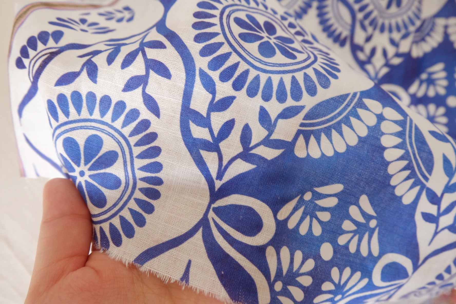 Blue Geometric Floral Cotton Linen Blend Fabric – 1.7 yd