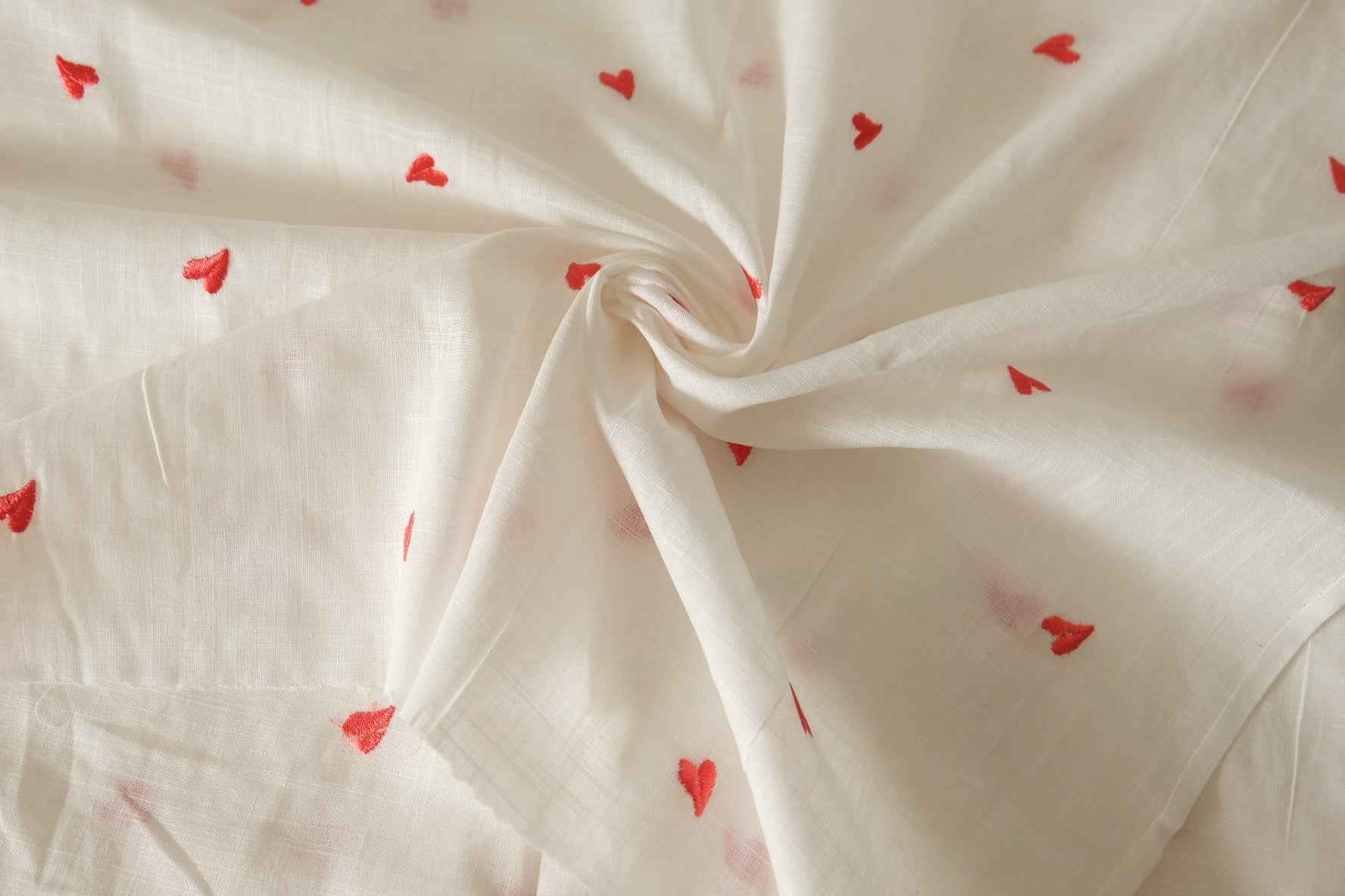 Embroidered Red Heart Slub Cotton Linen Fabric – 2.2 Yards