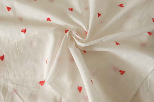 Embroidered Red Heart Slub Cotton Linen Fabric – 2.2 Yards