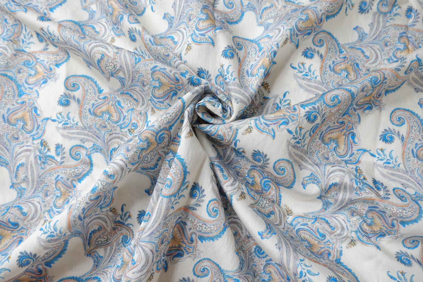 Sky Blue Paisley Tencel Cotton Fabric, Lightweight Airy Dress Weight, 3.28 Yards