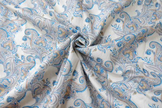 Sky Blue Paisley Tencel Cotton Fabric, Lightweight Airy Dress Weight, 3.28 Yards