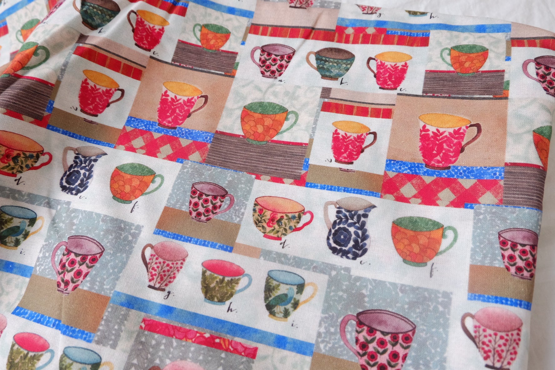 Teacup Collage Cotton Linen Fabric - 1.64 yd