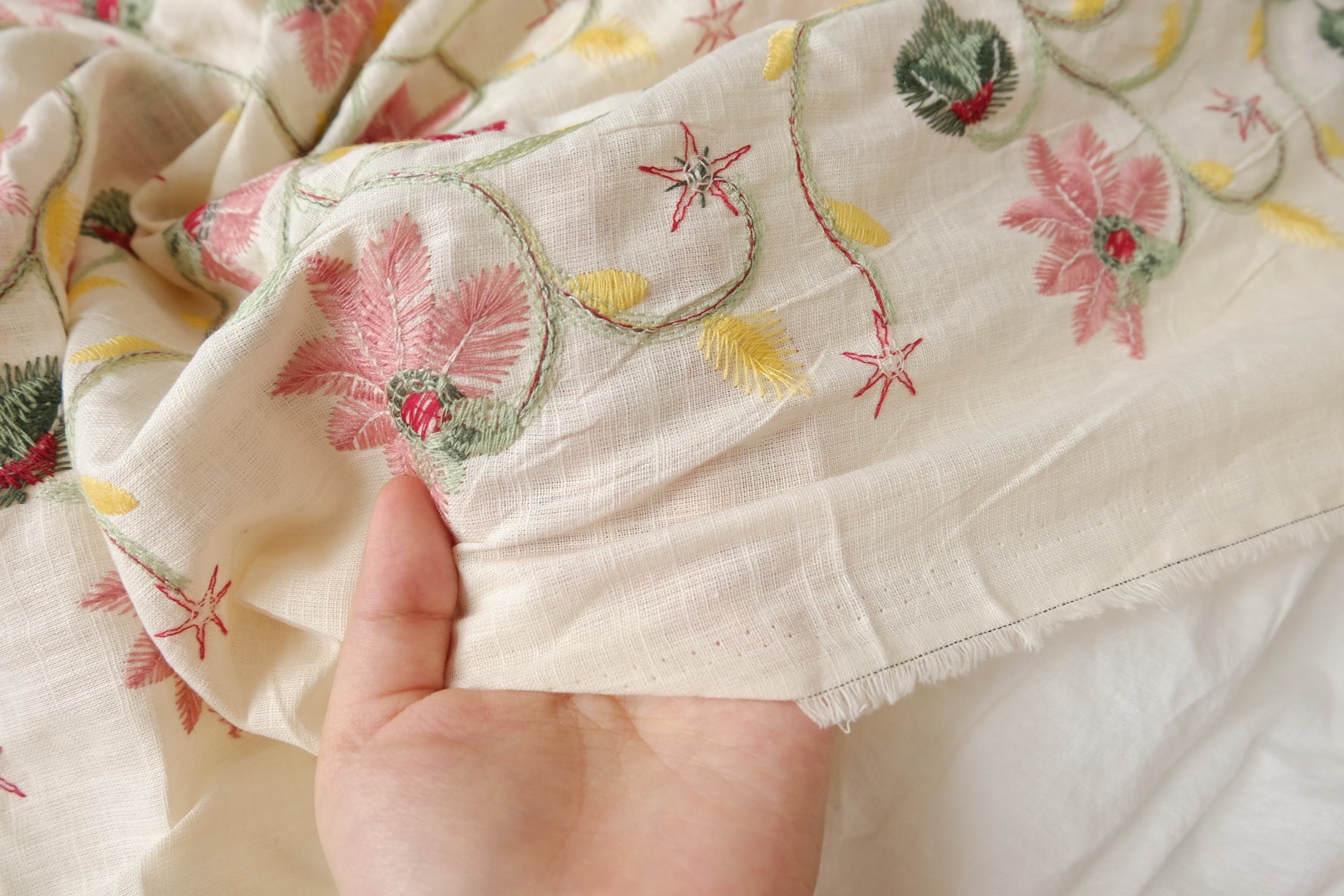 Embroidered Linen-Viscose Blend Floral on Ivory — 1.5 Yards