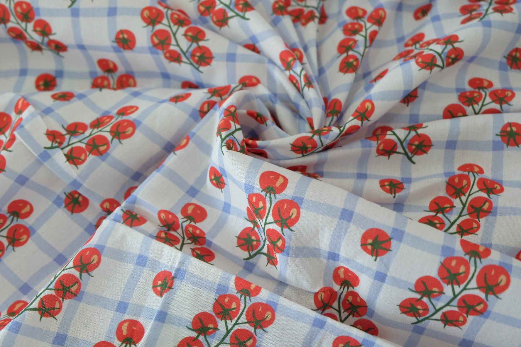 40s Cotton Poplin Fabric – Blue Gingham Tomato Vine Print – 3.3 yd