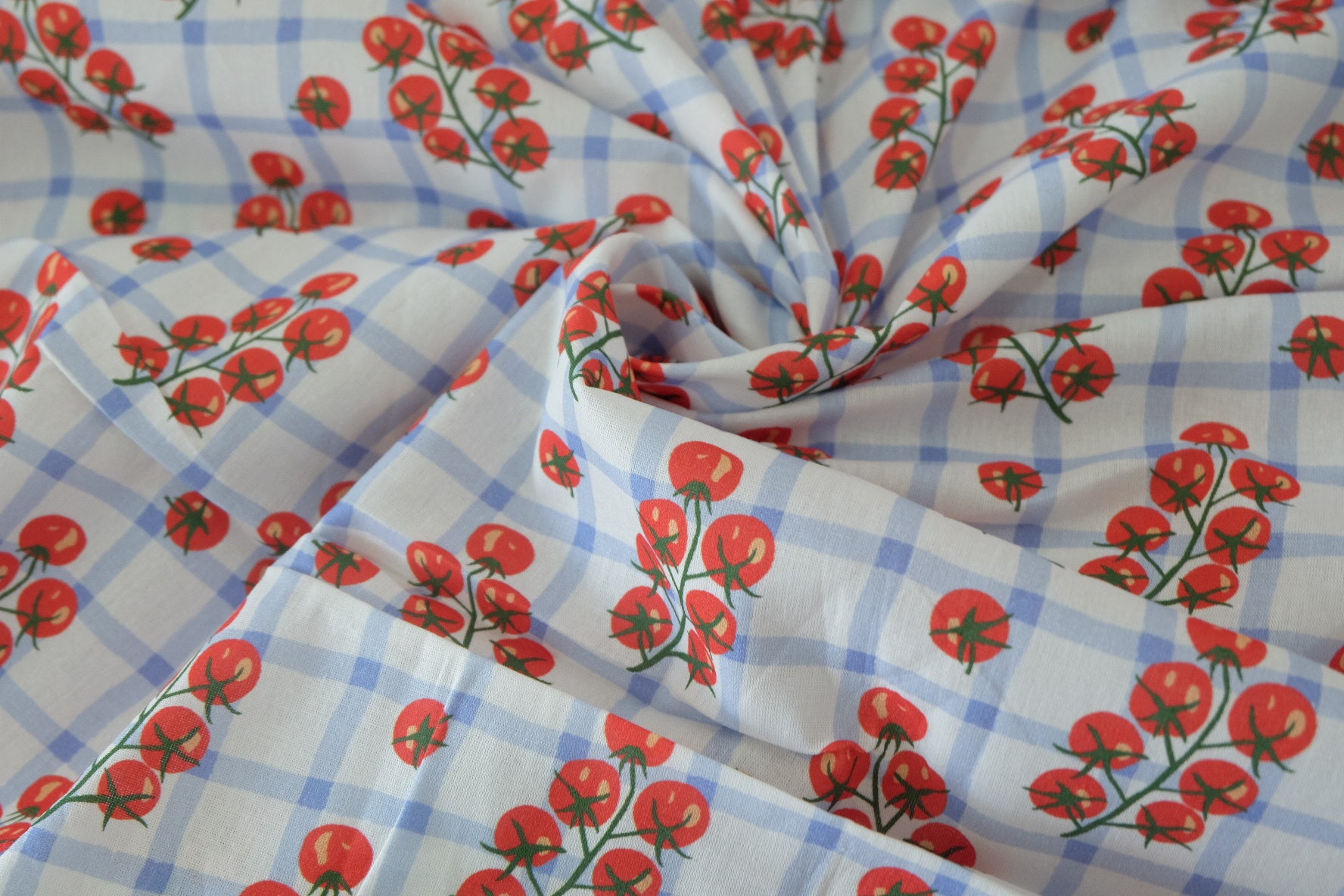 40s Cotton Poplin Fabric – Blue Gingham Tomato Vine Print – 3.3 yd
