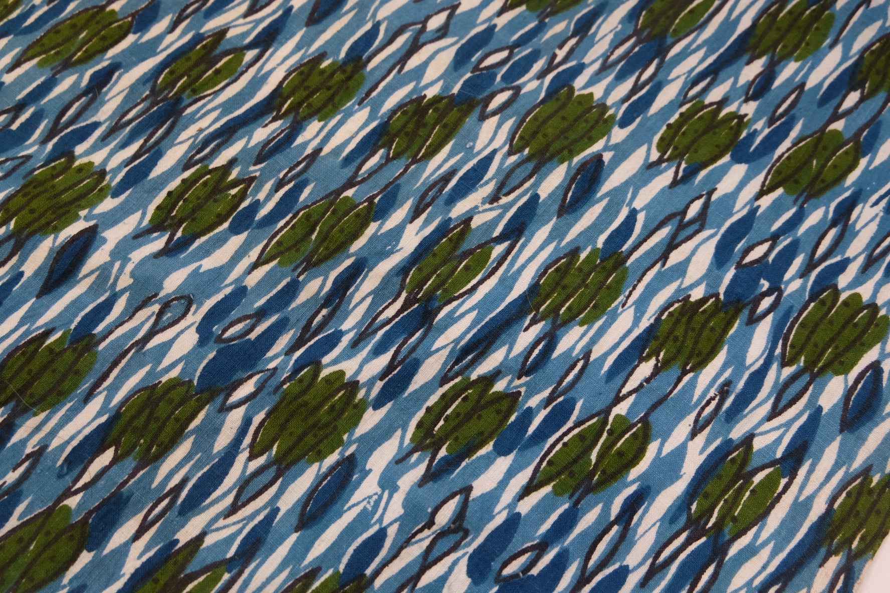 1960s Printed Tǔbù: 'Aqua Foliate' Archival Textile 1.6m - BUBBO