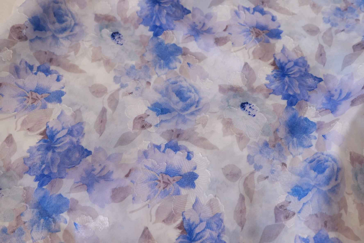 Watercolor Blue Floral Jacquard Organza Fabric – 3.3 yd