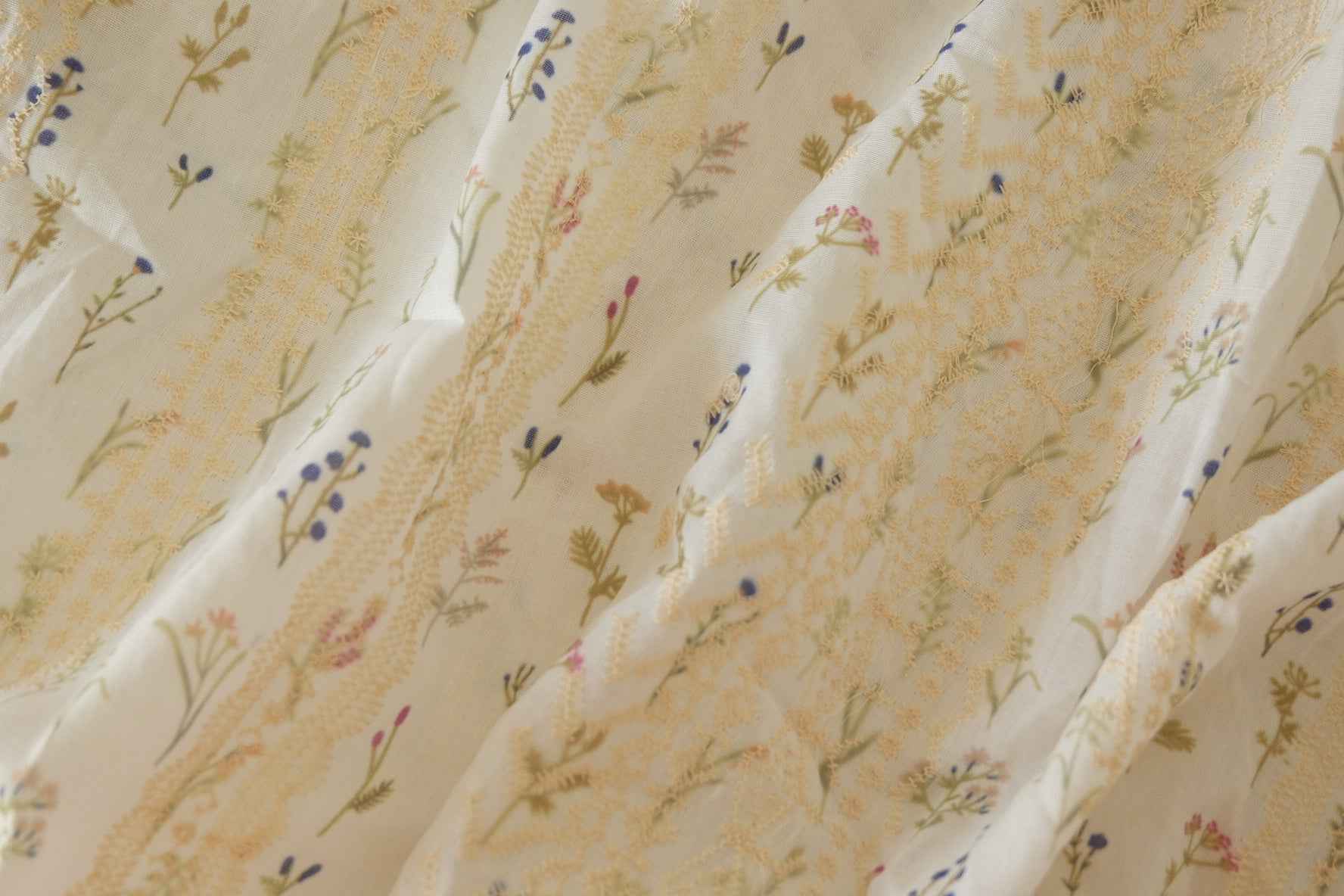 Floral Embroidered Cotton Linen Fabric – Cream with Lace Stripe Detail – 2.2 yd