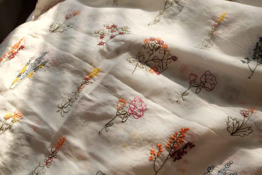Delicate Floral Embroidered Cotton Fabric, Soft Lightweight Blouse Weight, 2.19 Yards