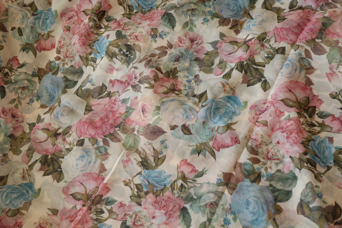 Vintage Rose Garden – Airy Floral Chiffon Fabric – 3.28 yd