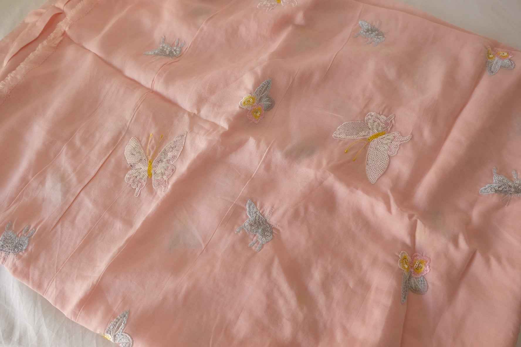Blush Pink Butterfly Sequin Embroidered Tencel Fabric – 2.2 yd