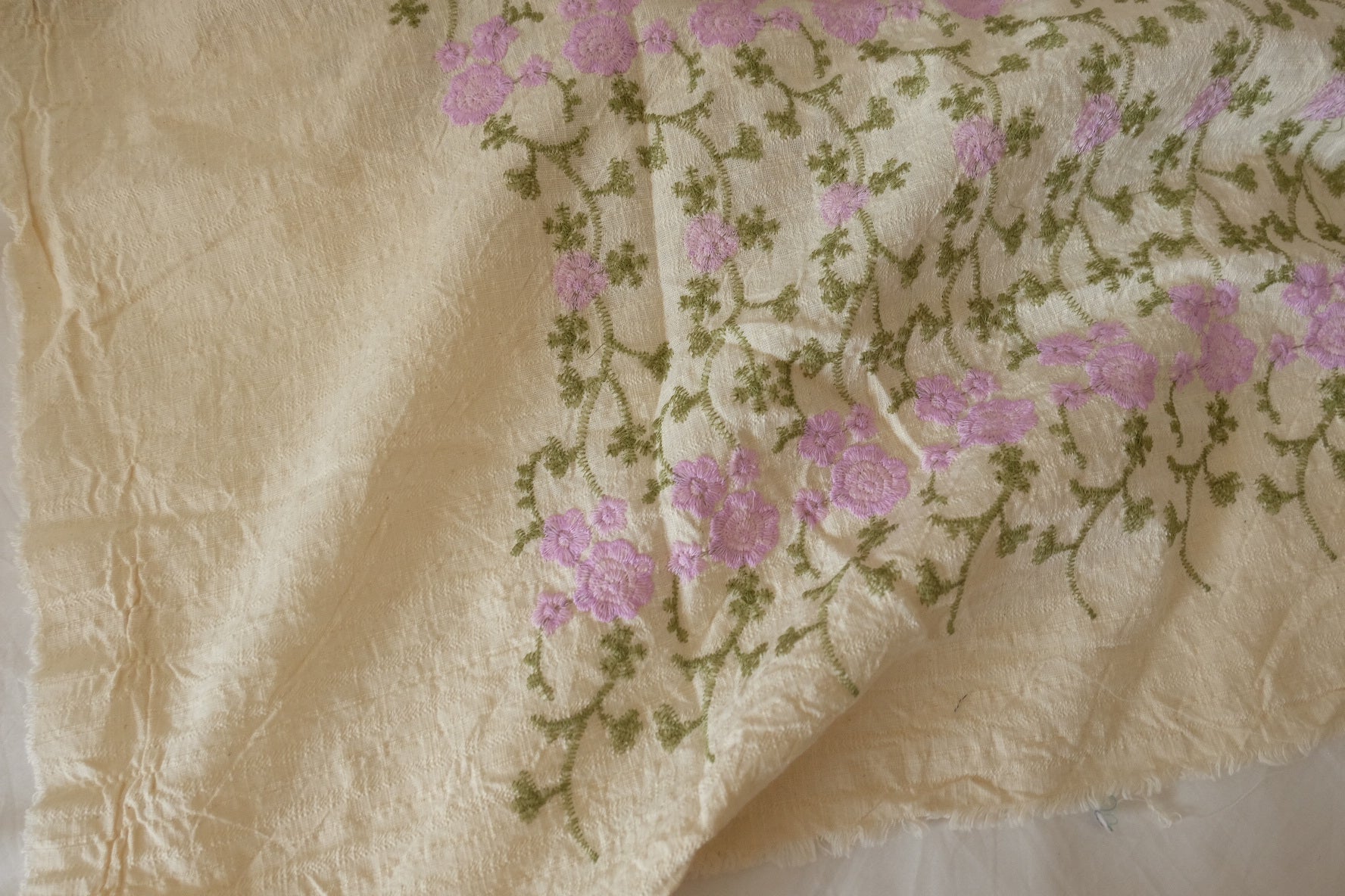 Lavender Floral Embroidered Linen Fabric – Textured Pure Linen – 1.2 yd
