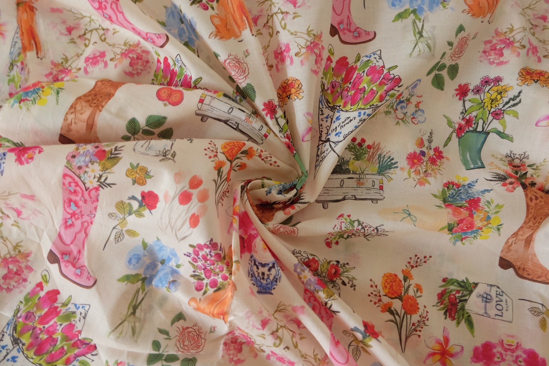 Vintage Illustration Floral Cotton Poplin –1.64 yd