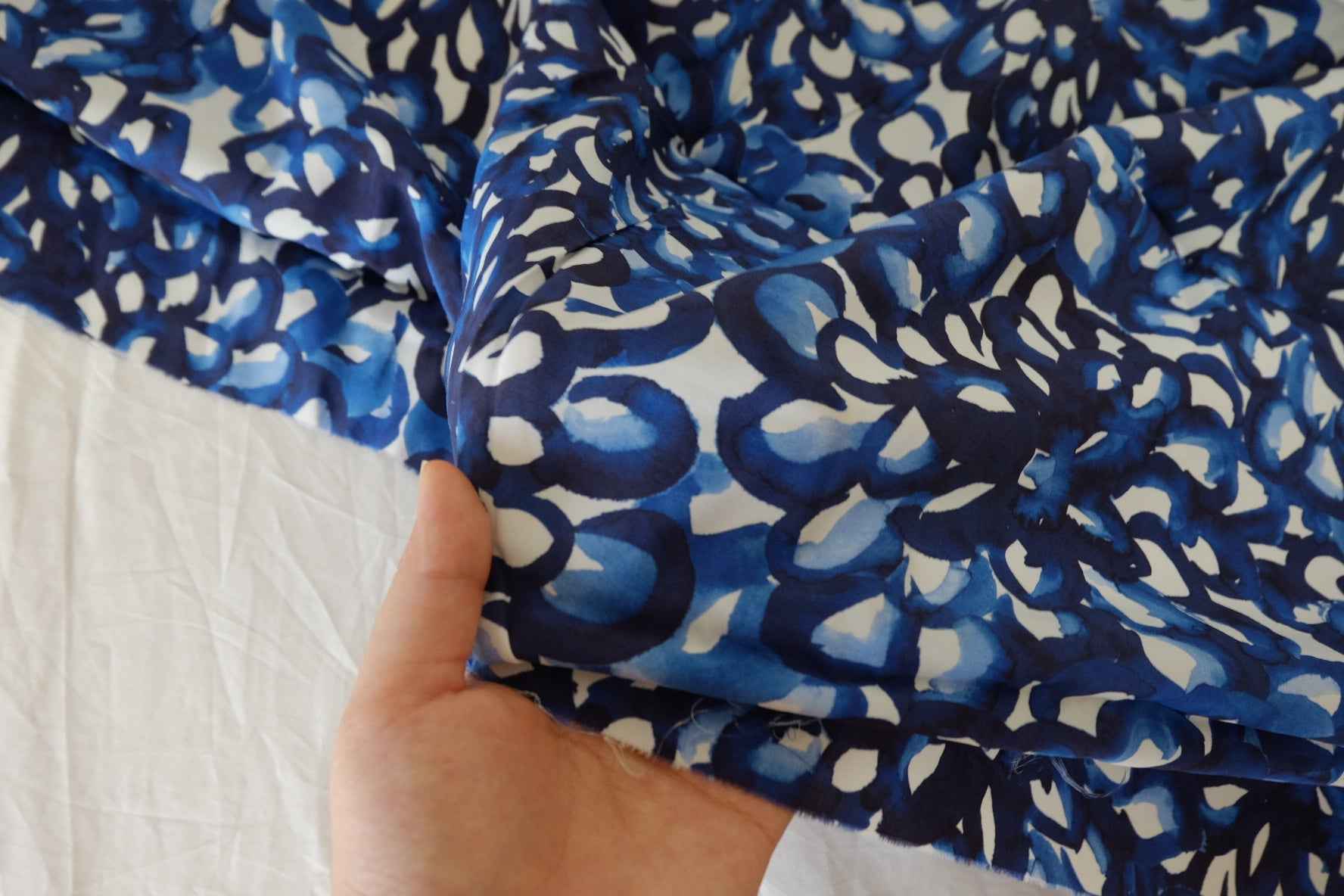 High-Drape Cupro Fabric – Abstract Blue Watercolor Floral Print-2.3 yd