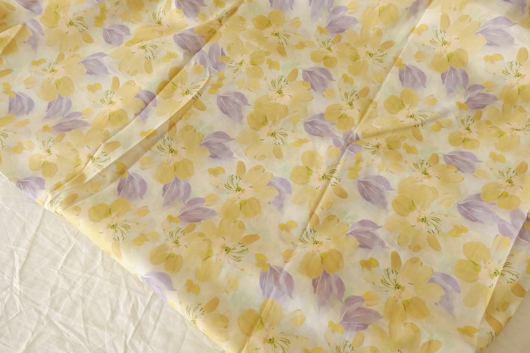 Buttercream Yellow Watercolor Floral Cotton Lawn Fabric — 3.28 yd Piece