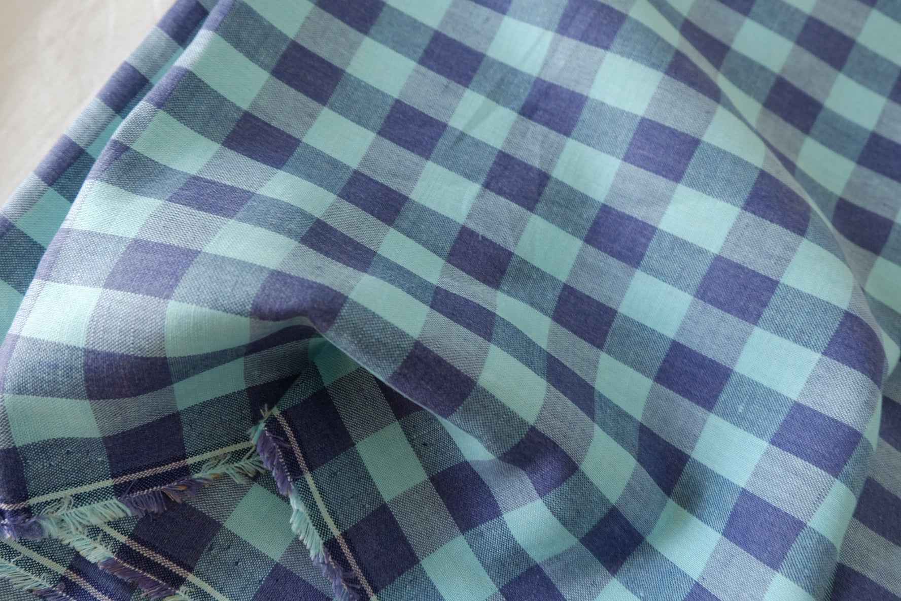 Woven Linen Cotton Plaid Fabric – Teal & Navy Check – 2.2 yd
