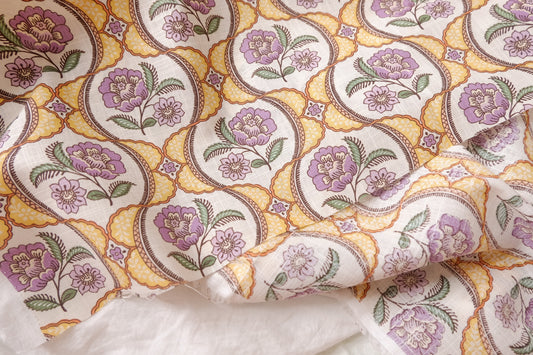 Vintage Tile Floral Linen Cotton Fabric - 1.64 yd