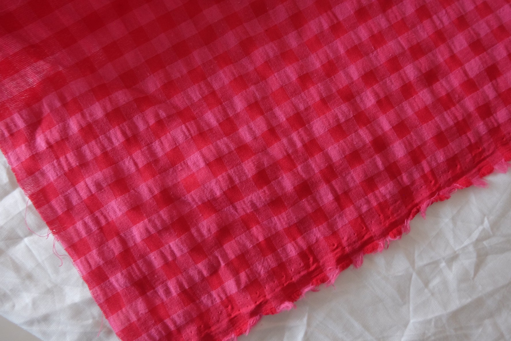 Berry Pink Seersucker Check Poly Cotton Fabric, 2.19 Yards
