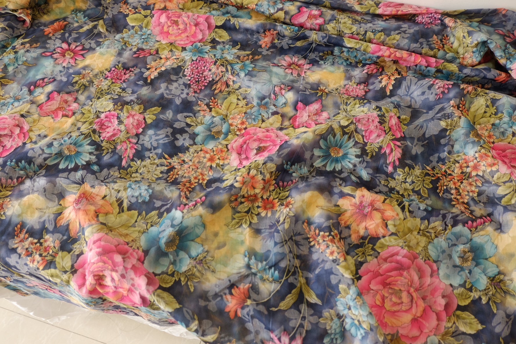 Midnight Bloom Burnout Floral Cotton Fabric with Metallic Accents – 2.19 yd Piece