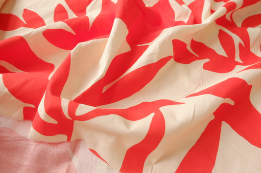 Bold Coral Botanical Cotton Poplin Fabric, 1.6 Yards
