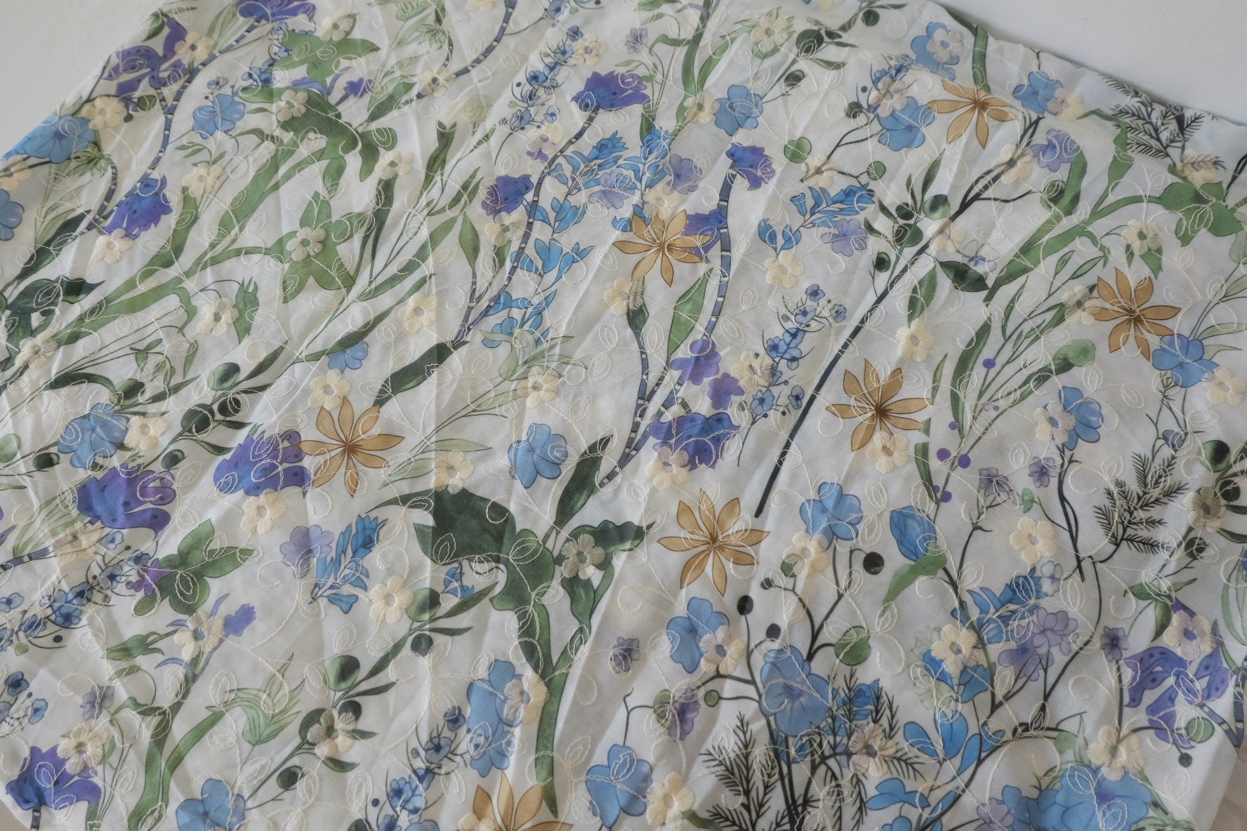 Blue Floral Embroidered Cotton Blend Fabric – 2.7 yd