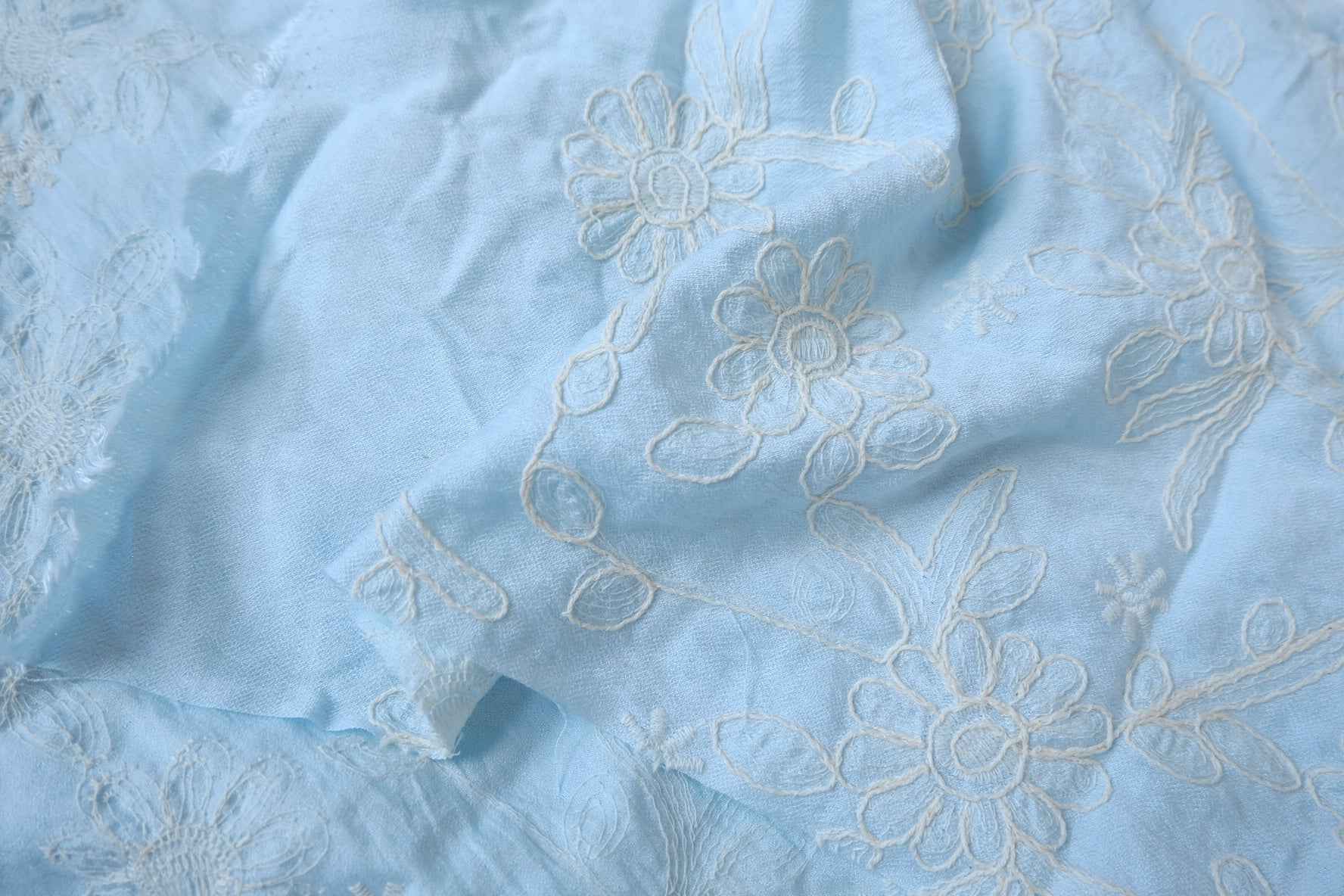 Blue Embroidered Tencel Linen Fabric - 2.19 yd