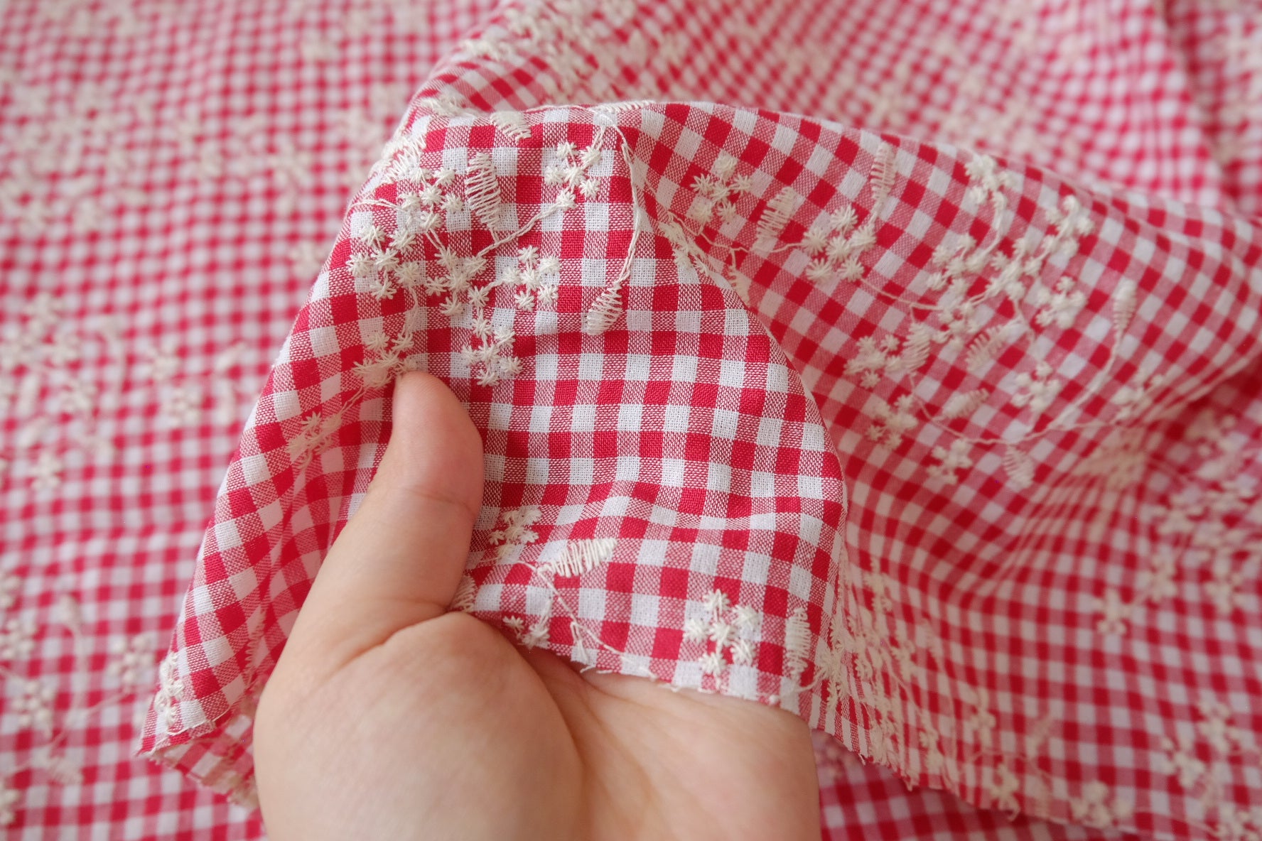 Red Gingham Embroidered Cotton Nylon, 2.19 Yards