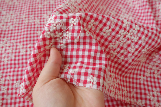 Red Gingham Embroidered Cotton Nylon, 2.19 Yards