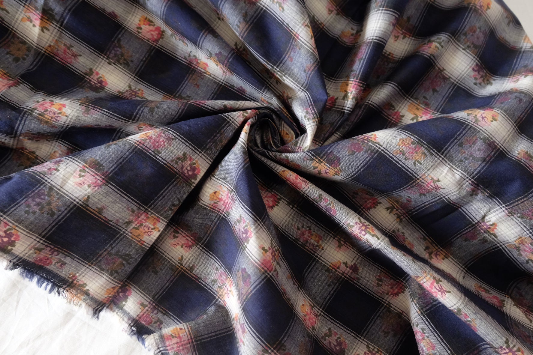 Navy Floral Plaid Cotton Fabric – 2.19 yd